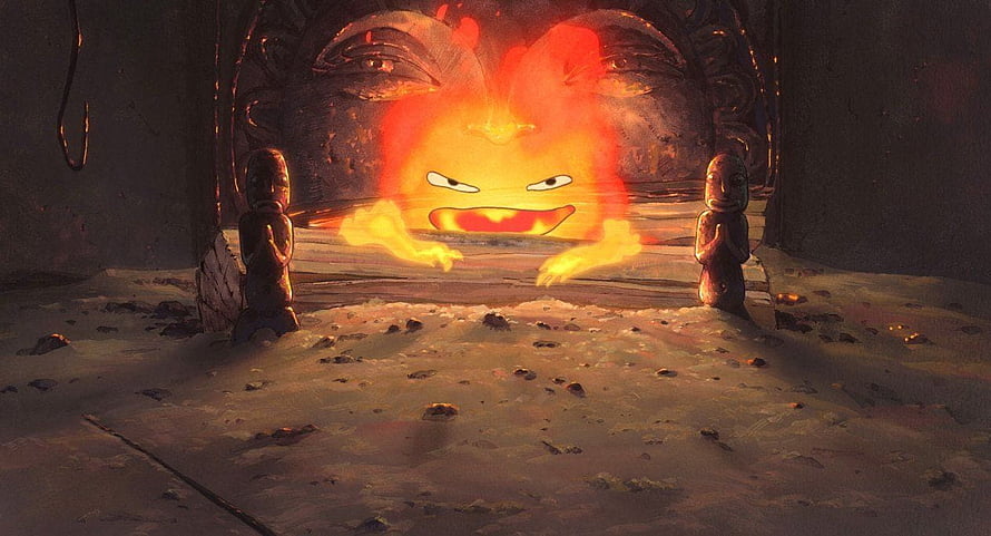 Calcifer the Fire Demon from Howl's Moving Castle in a Dark Stone Chamber HD wallpaper