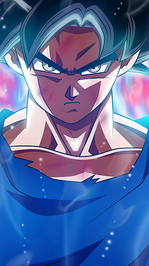 Goku Ultra Instinct Anime Portrait with Intense Expression and Blue Aura HD phone wallpaper