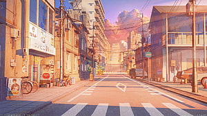 Sunlit Japanese City Street with Convenience Store and Crosswalk in Anime Style HD wallpaper