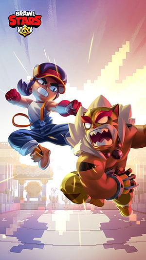 Brawl Stars promotional art featuring Colt and a tiger-masked brawler in dynamic combat HD phone wallpaper