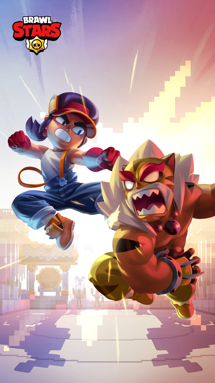 Brawl Stars promotional art featuring Colt and a tiger-masked brawler in dynamic combat HD phone wallpaper