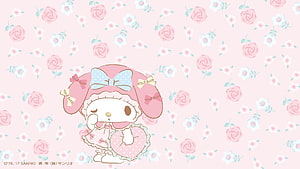 My Melody in a pink dress holding a heart cushion on a floral rose pattern background HD wallpaper