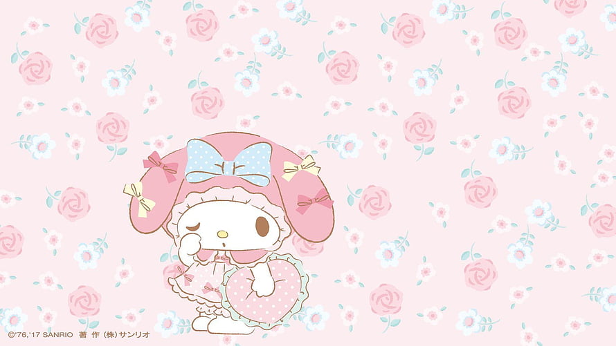 My Melody in a pink dress holding a heart cushion on a floral rose pattern background HD wallpaper