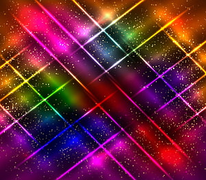 Vibrant Neon Grid Pattern with Rainbow Light Beams and Sparkling Starry Background HD wallpaper