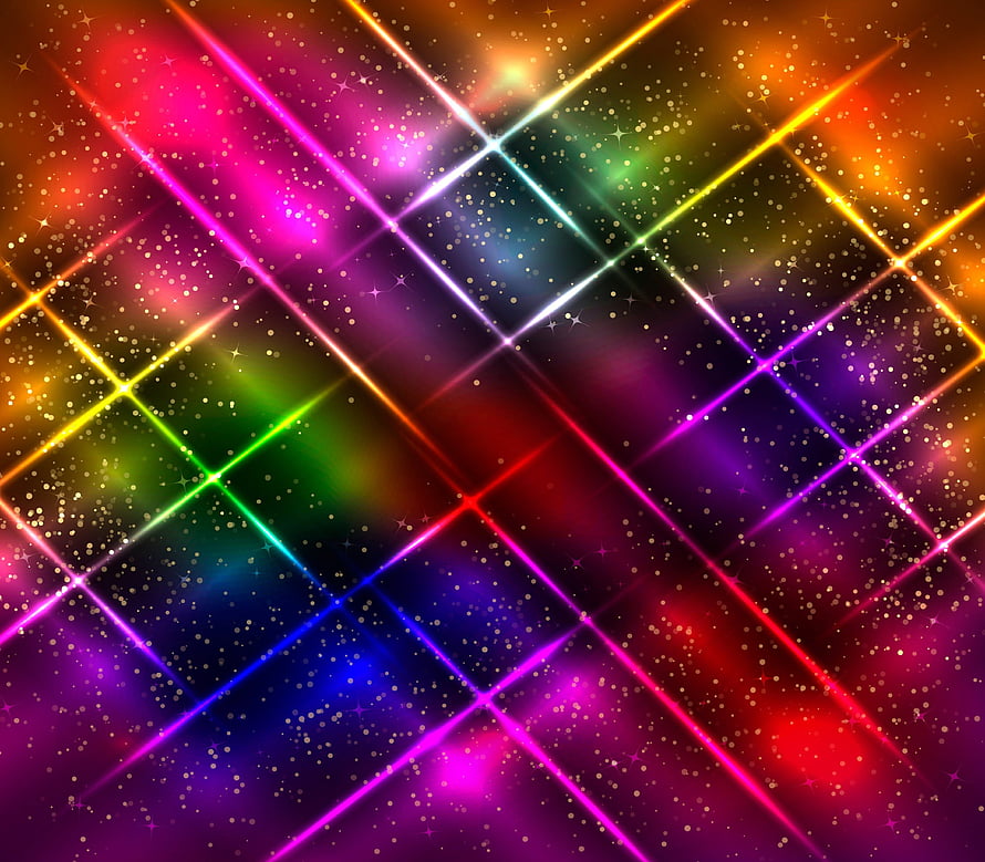 Vibrant Neon Grid Pattern with Rainbow Light Beams and Sparkling Starry Background HD wallpaper