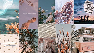 Pastel Aesthetic Collage with Nature, Vintage Van, and Inspirational Quotes HD wallpaper