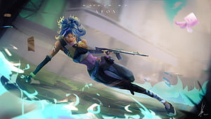 Neon Valorant Agent Dynamic Action Artwork with Cyan Energy Effects HD wallpaper