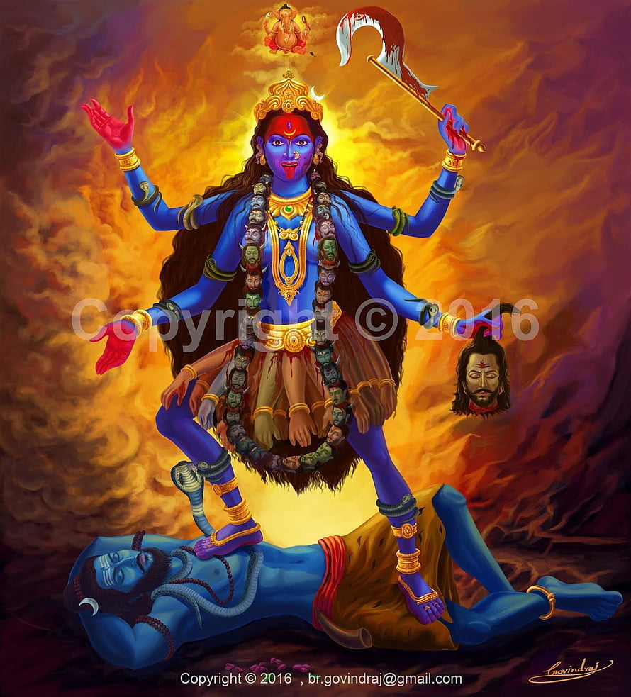 Maa Kali Durga Standing on Shiva with Trident and Garland of Heads in Fiery Divine Art HD phone wallpaper