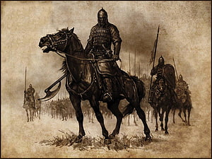 Ottoman Commander on Horseback Leading Cavalry Charge in Sepia Fantasy Illustration HD wallpaper