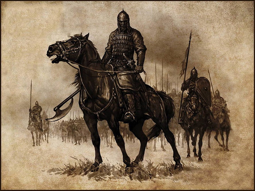 Ottoman Commander on Horseback Leading Cavalry Charge in Sepia Fantasy Illustration HD wallpaper