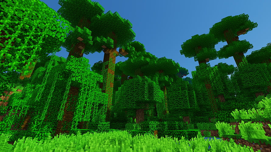 Minecraft Jungle Biome with Tall Trees and Lush Green Foliage Under a Clear Blue Sky HD wallpaper