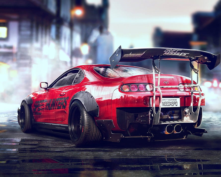 Red Toyota Supra MK IV with Speedhunters Livery and Large Rear Wing on Wet Street HD wallpaper