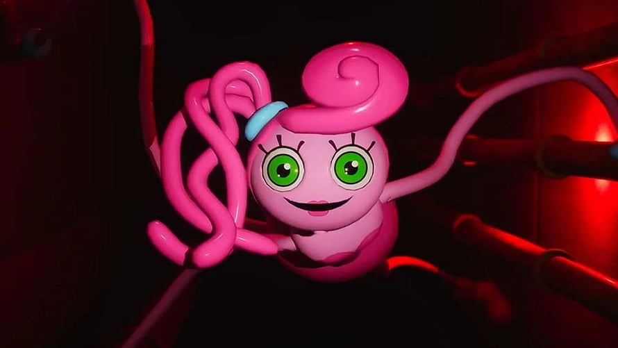 Poppy Playtime Chapter 2 Pinky the Pink Cat Character in Dark Red Industrial Setting HD wallpaper