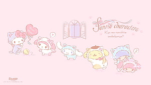 Cute Sanrio Characters in Pastel Pink Cat Costumes with Hearts and Yarn HD wallpaper