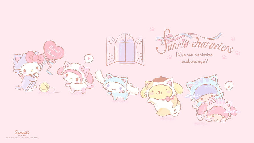 Cute Sanrio Characters in Pastel Pink Cat Costumes with Hearts and Yarn HD wallpaper