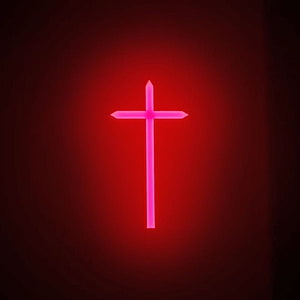 Glowing Pink Neon Cross Against a Deep Red Gradient Background HD phone wallpaper