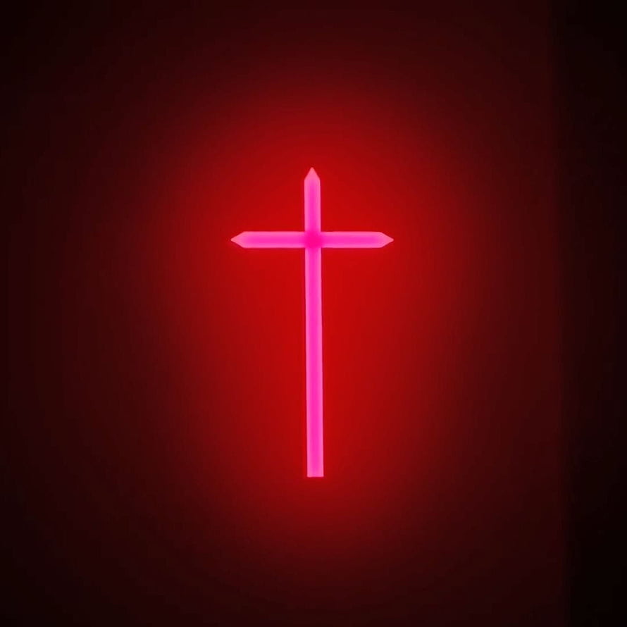 Glowing Pink Neon Cross Against a Deep Red Gradient Background HD phone wallpaper