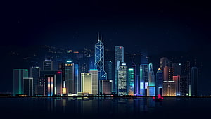 Stylized Neon Hong Kong Skyline at Night with Victoria Harbour Reflections HD wallpaper