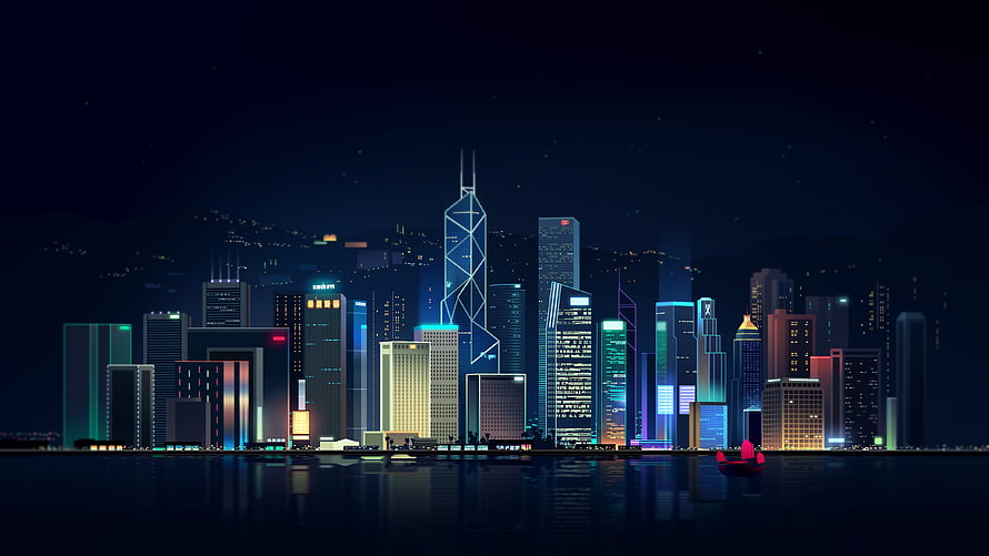 Stylized Neon Hong Kong Skyline at Night with Victoria Harbour Reflections HD wallpaper