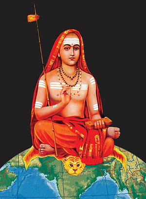 Adi Shankaracharya seated in meditation on a globe with tiger skin and sacred staff HD phone wallpaper