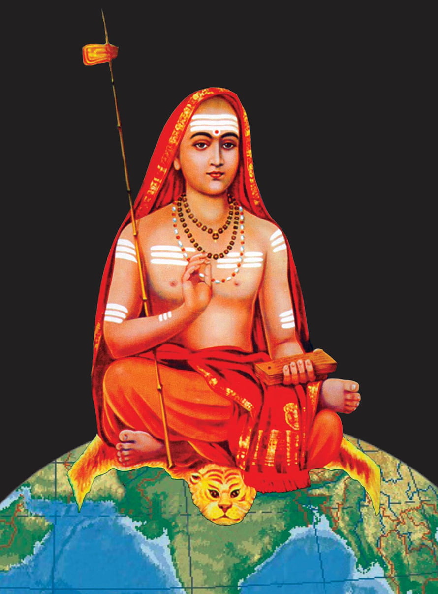 Adi Shankaracharya seated in meditation on a globe with tiger skin and sacred staff HD phone wallpaper