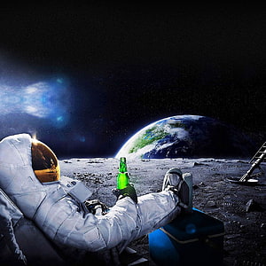 Astronaut Relaxing on the Lunar Surface with a Green Bottle and Earth in the Background HD phone wallpaper