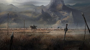Medieval Battlefield Concept Art with Lone Rider and Scattered Spears HD wallpaper