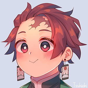 Tanjiro Kamado Chibi Portrait with Hanafuda Earrings and Red Hair HD phone wallpaper
