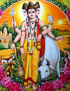 Dattatreya Tri-Mukhi Deity with White Bull and Trishula in Vibrant Floral Landscape HD phone wallpaper