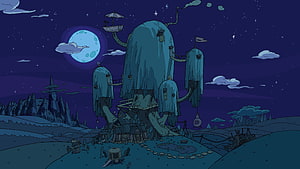 Adventure Time Nighttime Landscape with Giant Tree Structure and Full Moon HD wallpaper