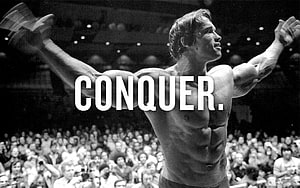 Arnold Schwarzenegger Bodybuilding Victory Pose With Conquer Text Overlay HD wallpaper