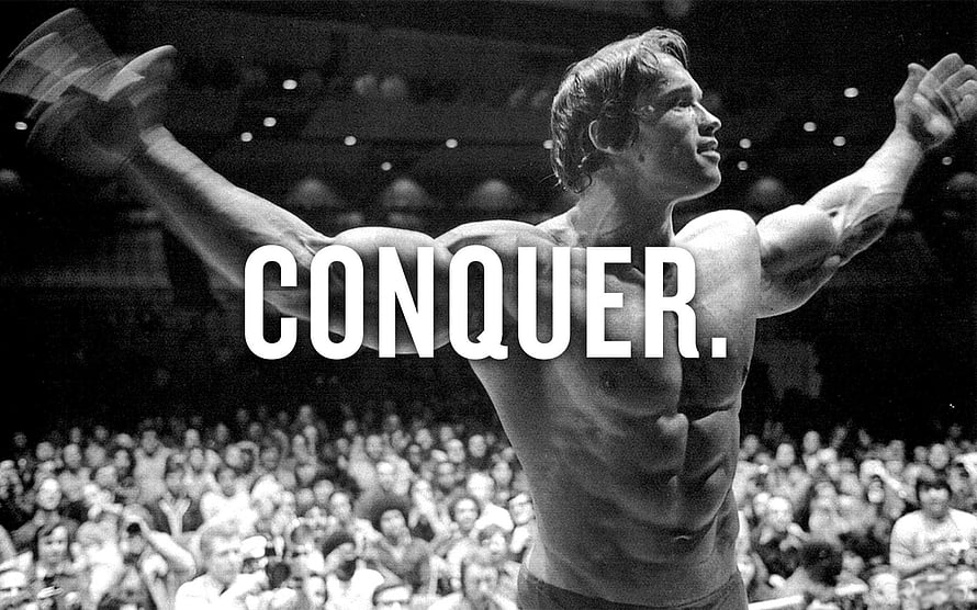 Arnold Schwarzenegger Bodybuilding Victory Pose With Conquer Text Overlay HD wallpaper