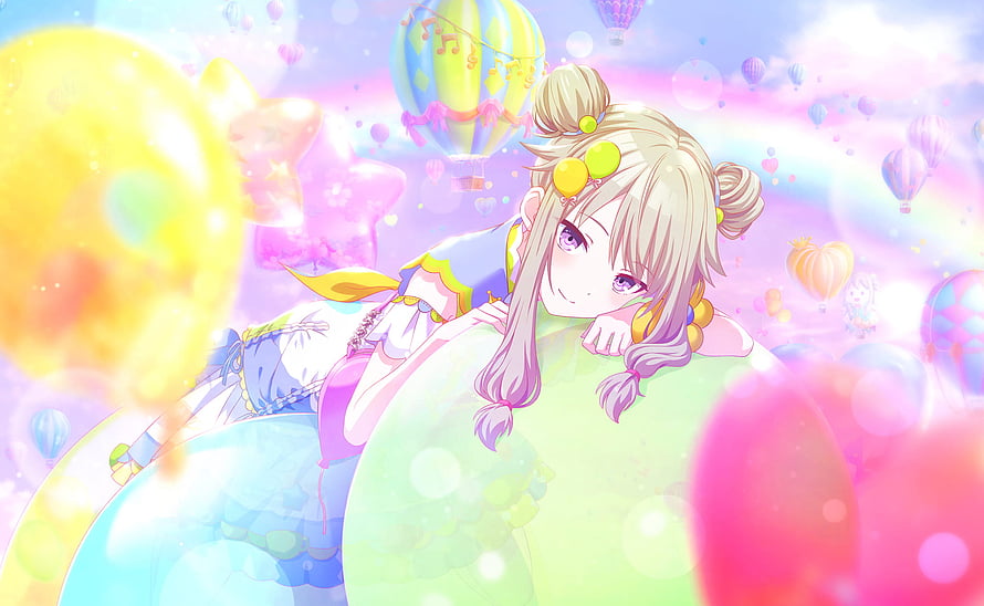 Kusanagi Nene from Project Sekai in a Dreamy Pastel Balloon Scene HD wallpaper