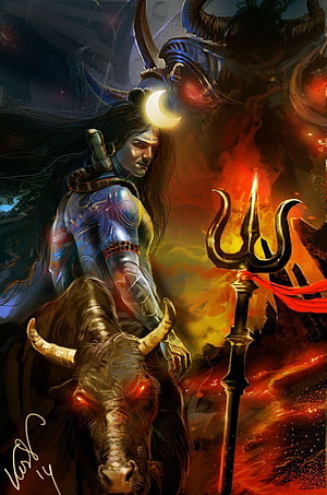 Lord Shiva in Rudra Avatar with Trishula and Nandi Bull in Fiery Dark Fantasy Art HD phone wallpaper