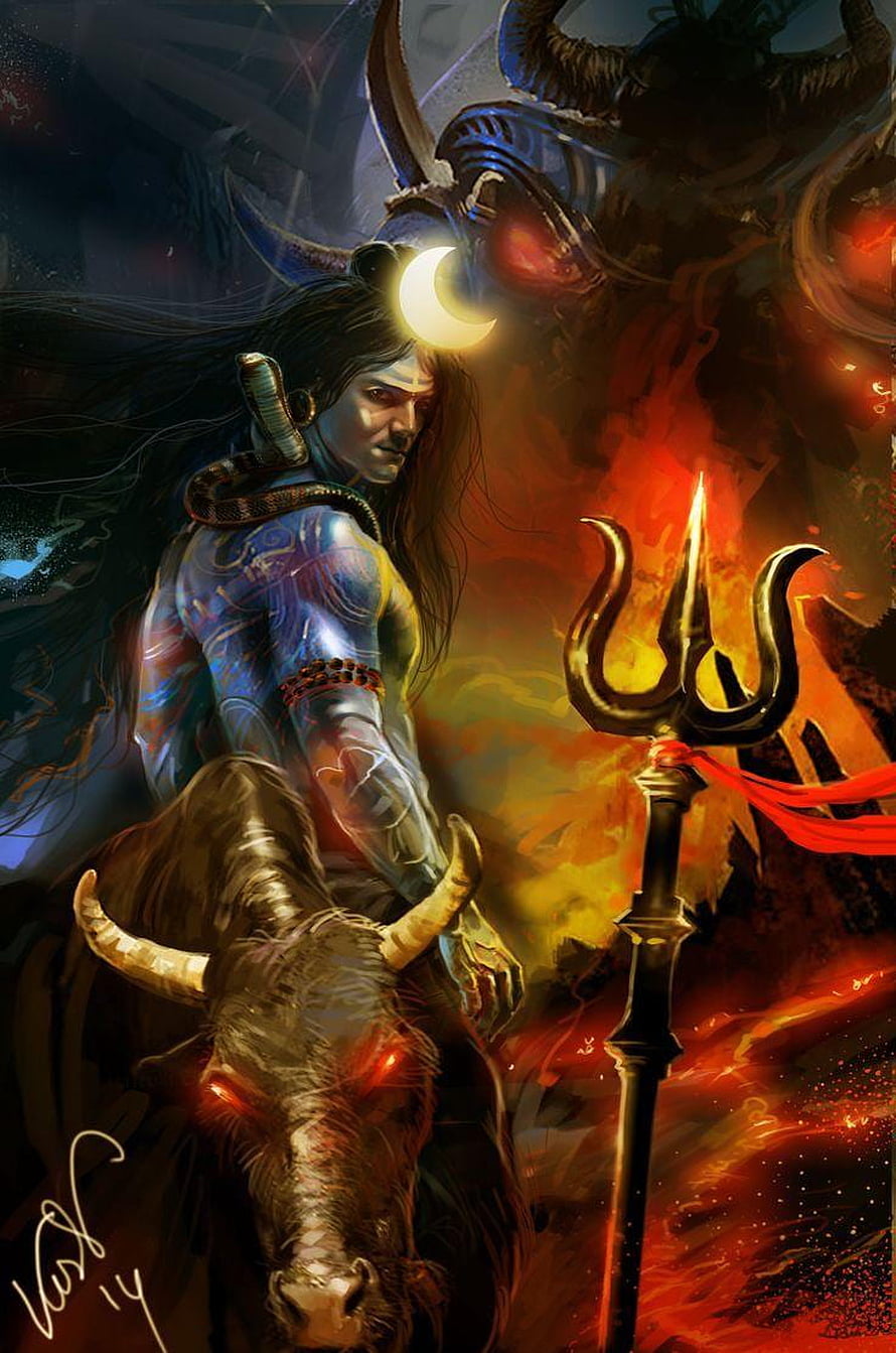 Lord Shiva in Rudra Avatar with Trishula and Nandi Bull in Fiery Dark Fantasy Art HD phone wallpaper