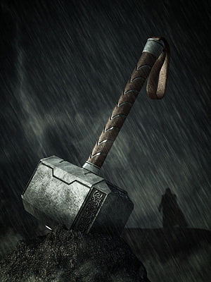 Mjolnir Thor's Hammer Planted in Rock Under Heavy Rain with Cloaked Figure in Background HD phone wallpaper