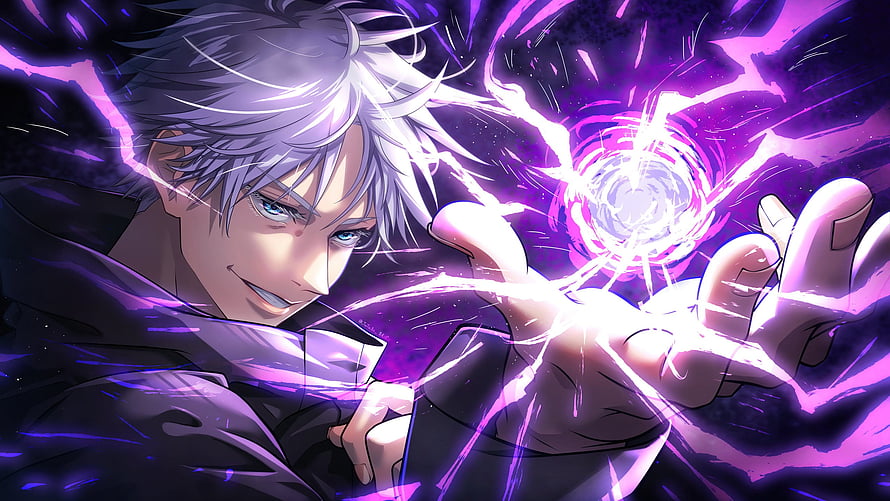 Satoru Gojo from Jujutsu Kaisen channeling purple energy in a dynamic anime illustration HD wallpaper