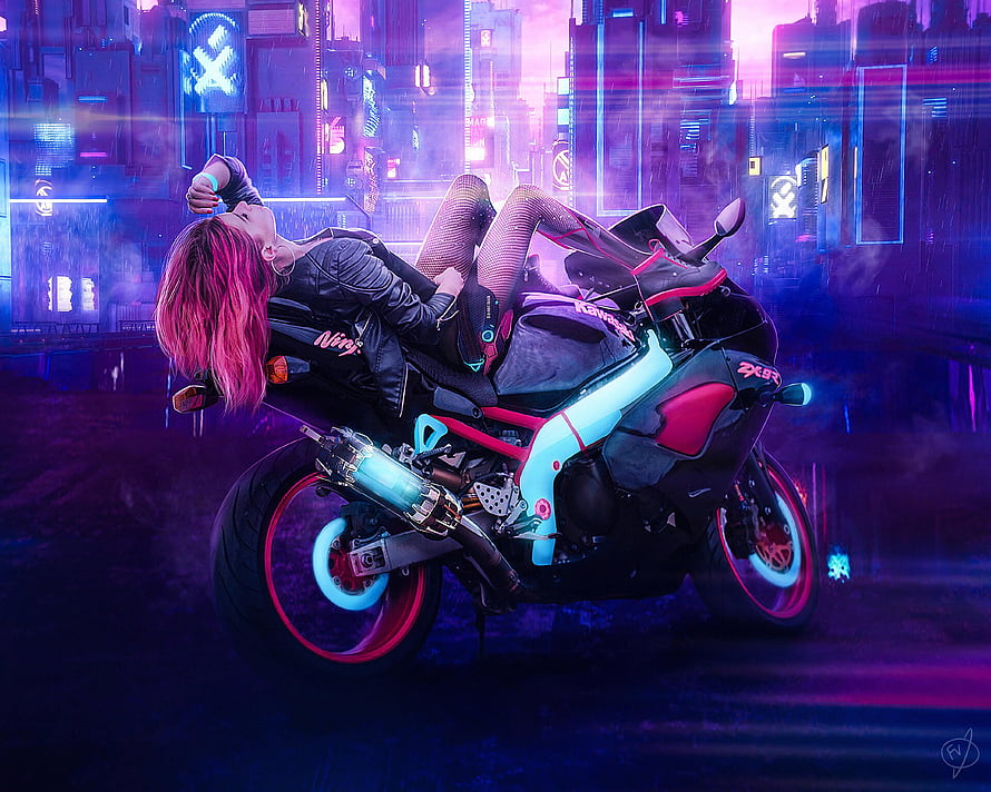 Cyberpunk Woman Reclining on Futuristic Neon Motorcycle in Rainy City HD wallpaper