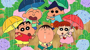 Crayon Shin-chan Kids With Umbrellas In The Rain Among Hydrangea Flowers HD wallpaper