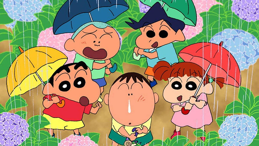 Crayon Shin-chan Kids With Umbrellas In The Rain Among Hydrangea Flowers HD wallpaper