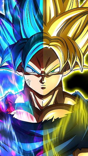 Goku Split Portrait: Super Saiyan Blue and Golden Aura Anime Character Art HD phone wallpaper