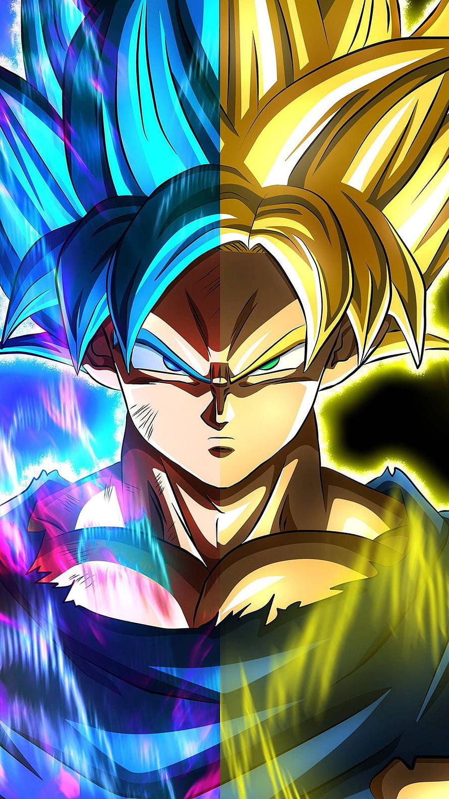 Goku Split Portrait: Super Saiyan Blue and Golden Aura Anime Character Art HD phone wallpaper