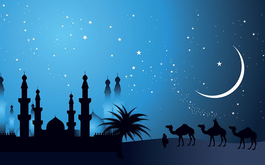 Silhouette of Islamic mosque minarets and camels under a crescent moon and starry night sky HD wallpaper