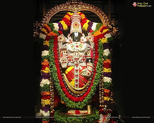 Lord Venkateswara Temple Idol Adorned With Vibrant Flower Garlands And Ornate Gold Crown HD wallpaper