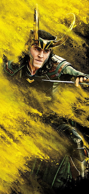 Loki in Golden Horned Helmet Wielding Dagger Amidst Yellow Dust Explosion HD phone wallpaper