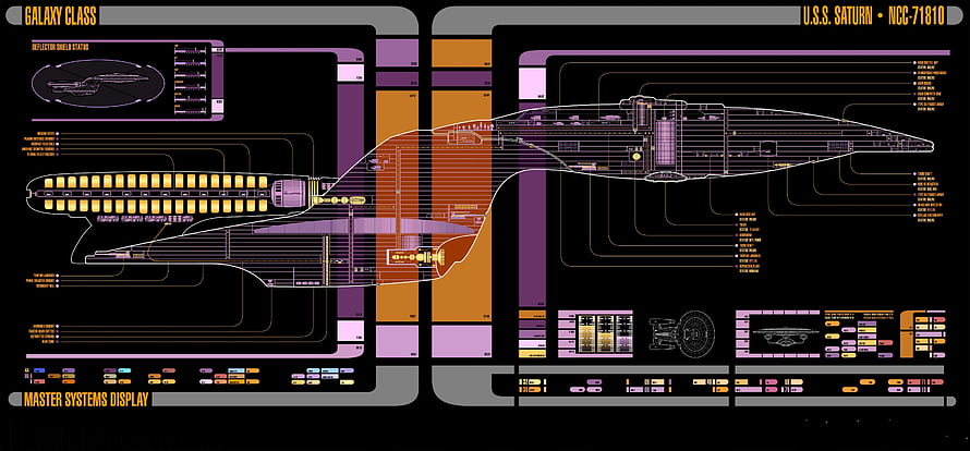 Star Trek LCARS Interface with USS Saturn Galaxy Class Ship Schematic HD wallpaper