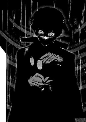 Kaneki Ken from Tokyo Ghoul:re in a dark monochrome manga panel with glowing eyes and rain effects HD phone wallpaper