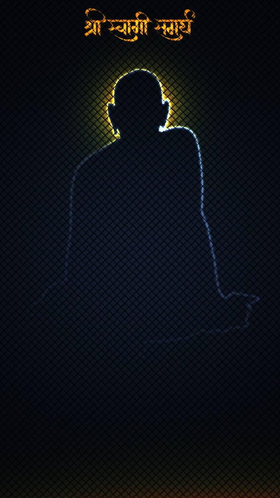 Swami Samarth Silhouette Portrait with Golden Halo and Marathi Text on Dark Background HD phone wallpaper