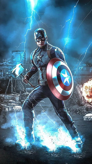 Captain America Wielding Mjolnir Amidst Electric Storm and Battlefield Debris HD phone wallpaper