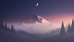 Minimalist Mountain Landscape at Twilight with Crescent Moon and Pine Forest HD wallpaper